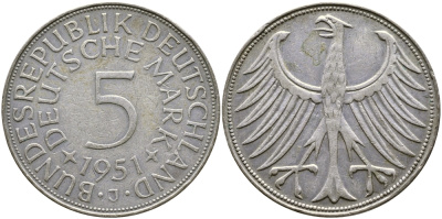 ФРГ 5 марок 1951 J (Гамбург), J. 387, KM 112.1 серебро 4680-132