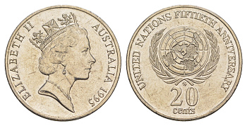 Австралия 20 центов 1995 50 лет ООН KM 295 медно-никель UNC 4652-522