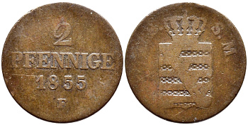 САКСОНИЯ 2 ПФЕННИГА 1855 F, KS-SM, ЙОХАНН (1854-1873) KM 1185 медь 4381-615