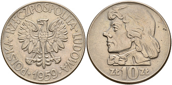 Польша 10 злотых 1959 MW, Тадеуш Костюшко, первый год KM 50 медно-никель    4599-641
