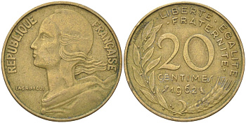 Франция 20 сантимов 1962 KM 930 алюминиевая бронза 4159-1015