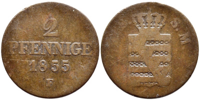 САКСОНИЯ 2 ПФЕННИГА 1855 F, KS-SM, ЙОХАНН (1854-1873) KM 1185 медь 4381-615