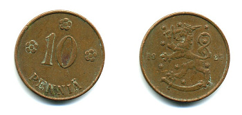 Финляндия 10 пенни 1927 республика (1918-1962) KM 24 медь 46-1547