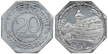 Германия, Нюрнберг - Фюрт 20 пфеннигов ND трамвайный жетон, ворота Вестнер алюминий UNC 4119-624