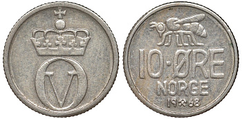 Норвегия 10 эре 1968 пчела, Улаф V (1958-1991) KM 411 медно-никель 51-2854