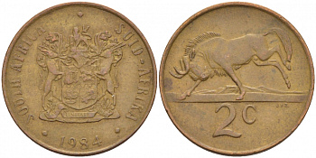 ЮАР 2 цента 1984 герб, антилопа гну KM 83 бронза 110-143