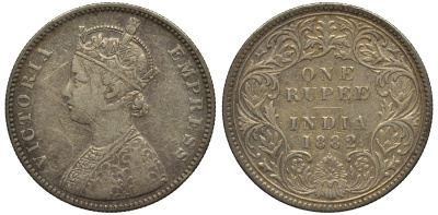 Британская Индия 1 рупия 1882 Виктория (1837-1901) KM 492 серебро 4044-541