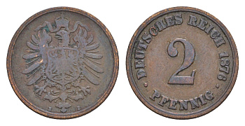 Германия 2 пфеннига 1876 E, Вильгельм I (1871-1888) KM 2, J. 2, Weege 3 медь 4639-1211