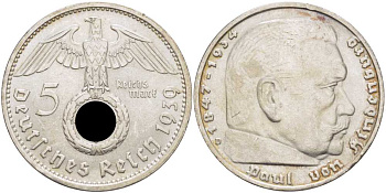ГЕРМАНИЯ 5 РЕЙХСМАРОК 1939 D, ГИНДЕНБУРГ (1847-1934), СИМВОЛИКА KM 94, J. 367 серебро 1515-1111