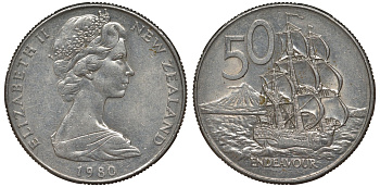 Новая Зеландия 50 центов 1980 Елизавета II (1952-2022), парусник Индевор KM 37 медно-никель 4125-214
