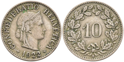 Швейцария 10 раппенов 1922 В KM 27 медно-никель 188-369