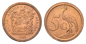 ЮАР 5 центов 1990 герб, райский журавль KM 134 сталь плакированная медью UNC 4687-143