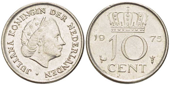 НИДЕРЛАНДЫ 10 ЦЕНТОВ 1975 ЮЛИАНА (1948-1980) KM 182 никель 116-925