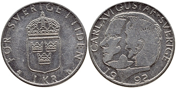 Швеция 1 крона 1992 Карл XVI Густав (1973- ) KM 852a медно-никель 4384-634