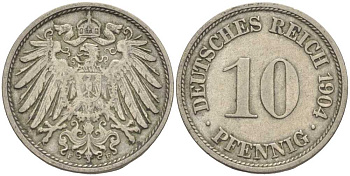 ГЕРМАНИЯ 10 ПФЕННИГОВ 1904 F KM 12, J. 13 медно-никель 34-135