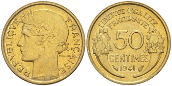 ФРАНЦИЯ 50 САНТИМОВ 1941 ТИП MORLON KM 894.1, LE FRANC 192.18 алюминиевая бронза 44-513