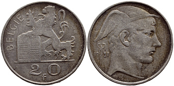 Бельгия 20 франков 1951 Бодуэн I (1951-1983), BELGIE KM 141.1 серебро 633-931