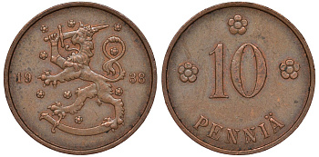 Финляндия 10 пенни 1938 KM 24 медь 51-3031