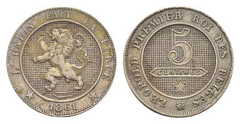 Бельгия 5 сантимов 1861 Леопольд I (1831-1865) KM 21 медно-никель 4615-816