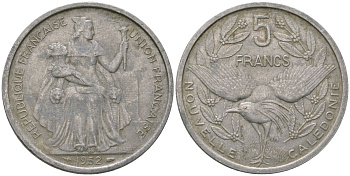 Французская Новая Каледония 5 франков 1952 птица кагу, (IEOM) KM 4, Schoen 4, Lec 71 алюминий 180-142