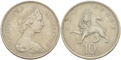 Великобритания 10 пенсов 1975 Елизавета II (1952-2022) KM 912, Spink 4231 (F1) медно-никель  4403-723