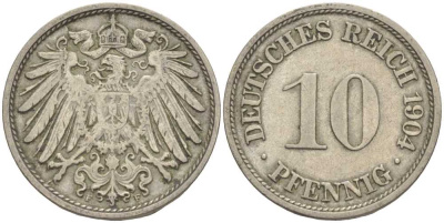 ГЕРМАНИЯ 10 ПФЕННИГОВ 1904 F KM 12, J. 13 медно-никель 34-135