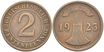 ГЕРМАНИЯ 2 РЕНТЕНПФЕННИГА 1923 G KM 31, J. 307 бронза 206-1158