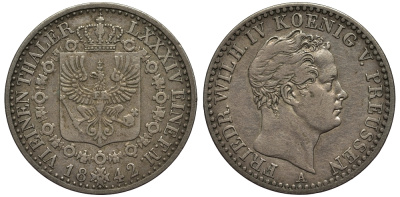 Пруссия 1/6 талера 1842 A, ФРИДРИХ ВИЛЬГЕЛЬМ IV (1840-1861) KM 436,1, Jaeger 68, AKS 80 серебро 00-00