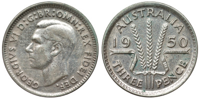 Австралия 3 пенса 1950 m, Георг VI (1937-1952), без букв KM 44 серебро 71-253