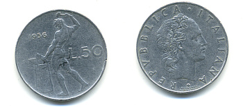 Италия 50 лир 1956 R, бог огня Вулкан у наковальни KM 95.1 нержавеющая сталь 4379-1037