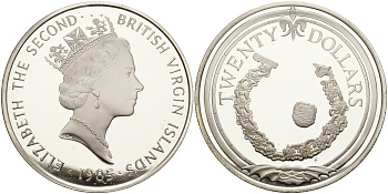 Британские Виргинские острова 20 долларов 1985 золотой браслет и пуговица KM 72 серебро  PROOF  1095-2-32