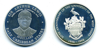 Восточно-Карибские штаты 10 долларов 1999 сэр Артур Левис, нобелевский лауреат, 50 лет университету Западной Индии KM 28 серебро PROOF 7-5-44-24