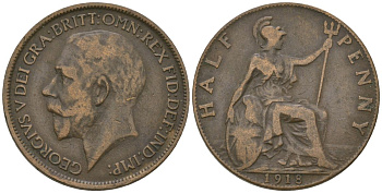 Великобритания 1/2 пенни 1918 Георг V (1910-1936) KM 809, Spink 4056 бронза 4163-937