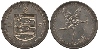 Гернси 25 пенсов 1972 25 лет свадьбы Елизаветы II и Филиппа, амур KM 26 медно-никель UNC 1078-3-41