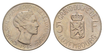 Люксембург 5 франков 1962 Шарлотта (1918-1964) KM 51 медно-никель UNC 4641-1037