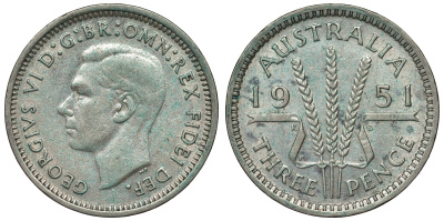 Австралия 3 пенса 1951 m, Георг VI (1937-1952), без букв KM 44 серебро 71-263