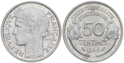 ФРАНЦИЯ 50 САНТИМОВ 1946 ТИП MORLON LOURDE KM 894.1a, LE FRANC 194.7 алюминий 44-343