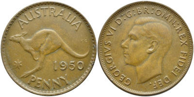 АВСТРАЛИЯ 1 ПЕННИ 1950 m, ГЕОРГ VI (1936-1952), КЕНГУРУ KM 43 бронза 4394-346