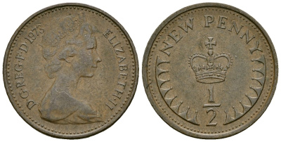 Великобритания 1/2 пенни 1973 Елизавета II (1952-2022) KM 914, Spink 4239 бронза 4173-813
