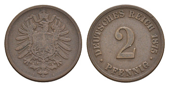 Германия 2 пфеннига 1875 E, Вильгельм I (1871-1888) KM 2, J. 2, Weege 3 медь 4639-1166