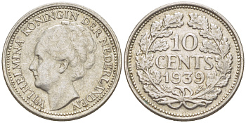 Нидерланды 10 центов 1939 Вильгельмина I (1890-1948) KM 163 серебро 4181-1233