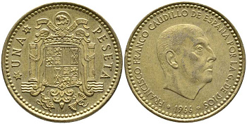 ИСПАНИЯ 1 ПЕСЕТА 1966 (72) ФРАНСИСКО ФРАНКО ДИКТАТОР ИСПАНИИ (1939-1975) KM 796 алюминиевая бронза 110-1215