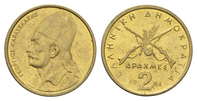 Греция 2 драхмы 1984 Георгиос Караискакис KM 130 никель латунь UNC 4670-157