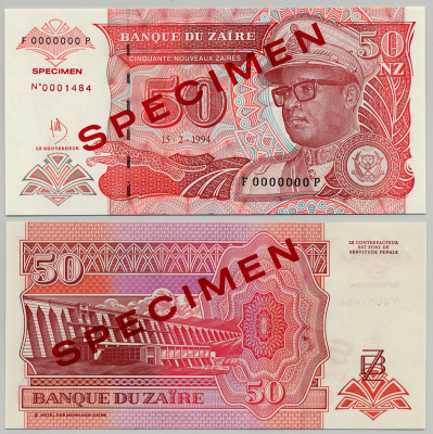 Заир 50 заиров 1994 Мобуту Сесе Секо в военной форме, ГЭС "Инга". Образец, Specimen Pick 59 s бумага UNC (пресс) 6279-33-1-1