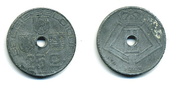 БЕЛЬГИЯ 25 САНТИМОВ 1943 BELGIE-BELGIQUE, ГЕРМАНСКАЯ ОККУПАЦИЯ, ВТОРАЯ МИРОВАЯ ВОЙНА KM 132 цинк 57-313