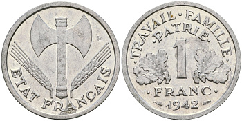 Франция 1 франк 1942 LB, тип LOURDE, правительство Виши KM 902.1, Le Franc 222.2 алюминий 51-3336