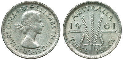 Австралия 3 пенса 1961 m, Елизавета II (1952-2022) KM 57 серебро 71-746