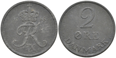 ДАНИЯ 2 ЭРЕ 1966 C; S, ФРЕДЕРИК IX (1947-1972) KM 840.2 цинк 4566-426
