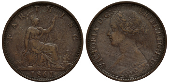 Великобритания 1 фартинг 1861 Виктория (1837-1901) KM 747.2, Spink 3958 бронза 4114-735