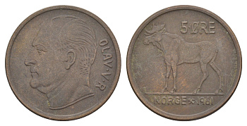 Норвегия 5 эре 1961 Улаф V (1957-1991) KM 405 бронза 4633-957